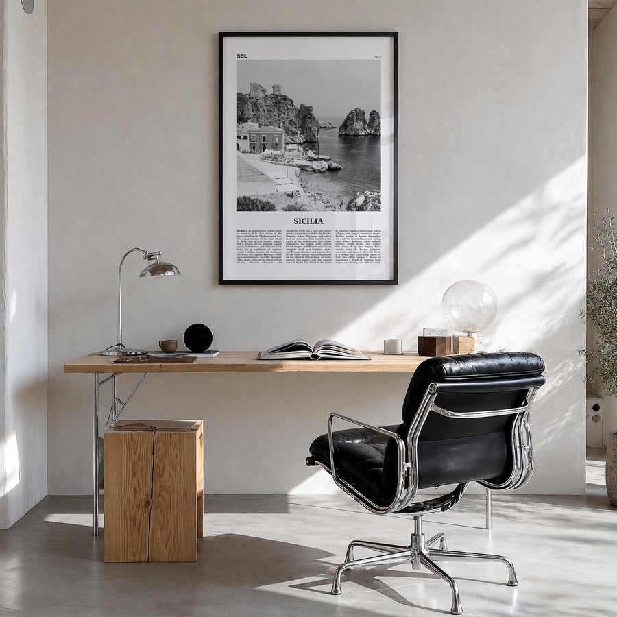 Sicily no. 1 black & white newspaper poster of Sicilia, Italy – vertical wall art in black wood frame, hanging on wall