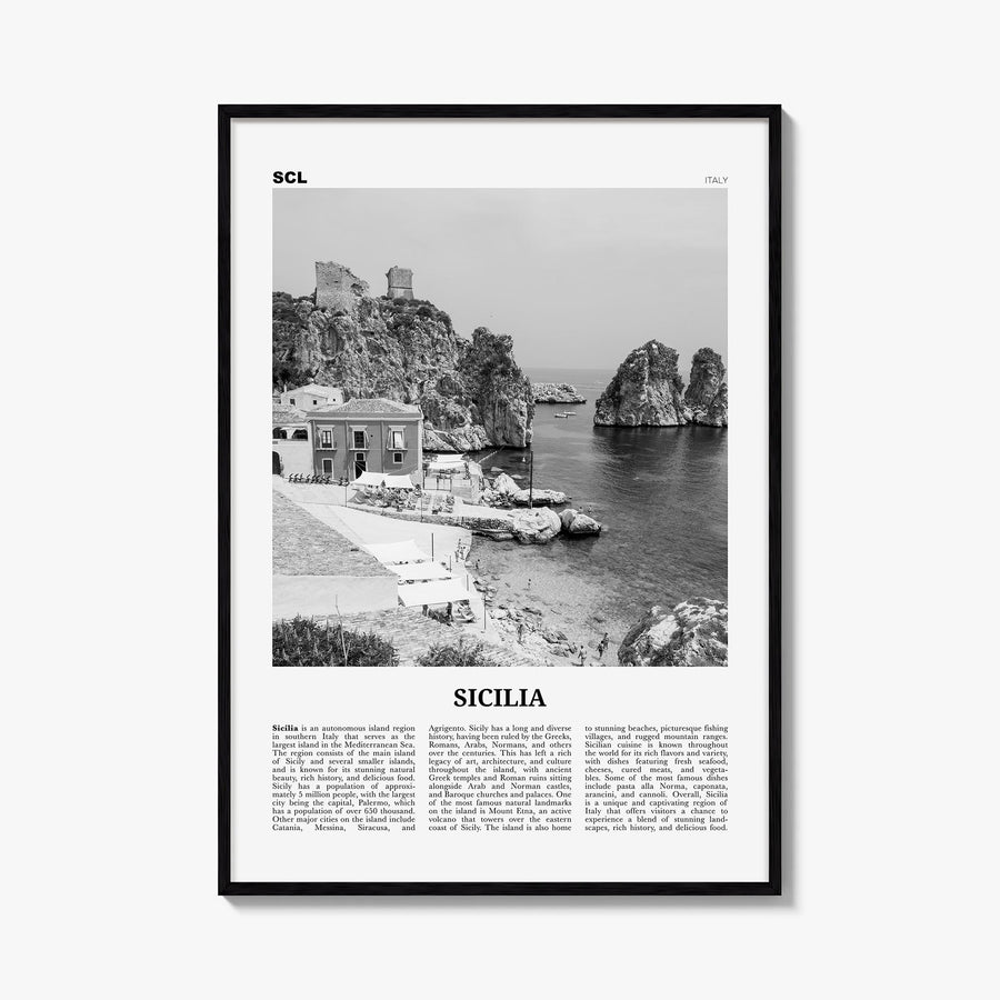 Sicily no. 1 black & white newspaper poster of Sicilia, Italy – vertical wall art, unframed print shown in interior mockup