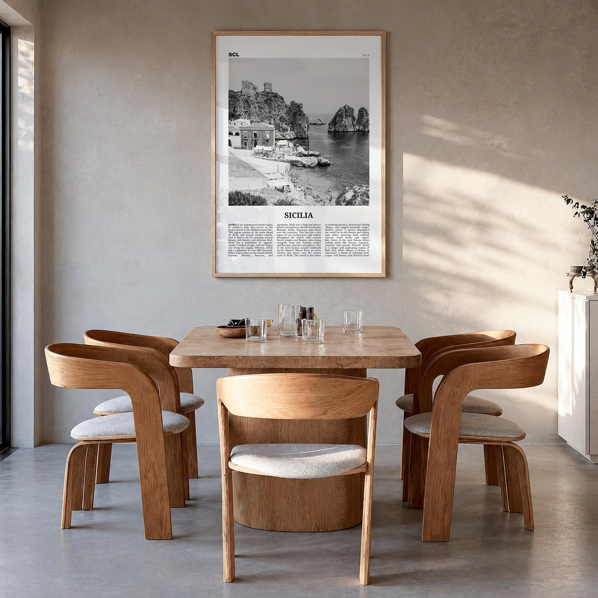 Sicily no. 1 black & white newspaper poster of Sicilia, Italy – vertical wall art in natural wood frame, hanging on wall