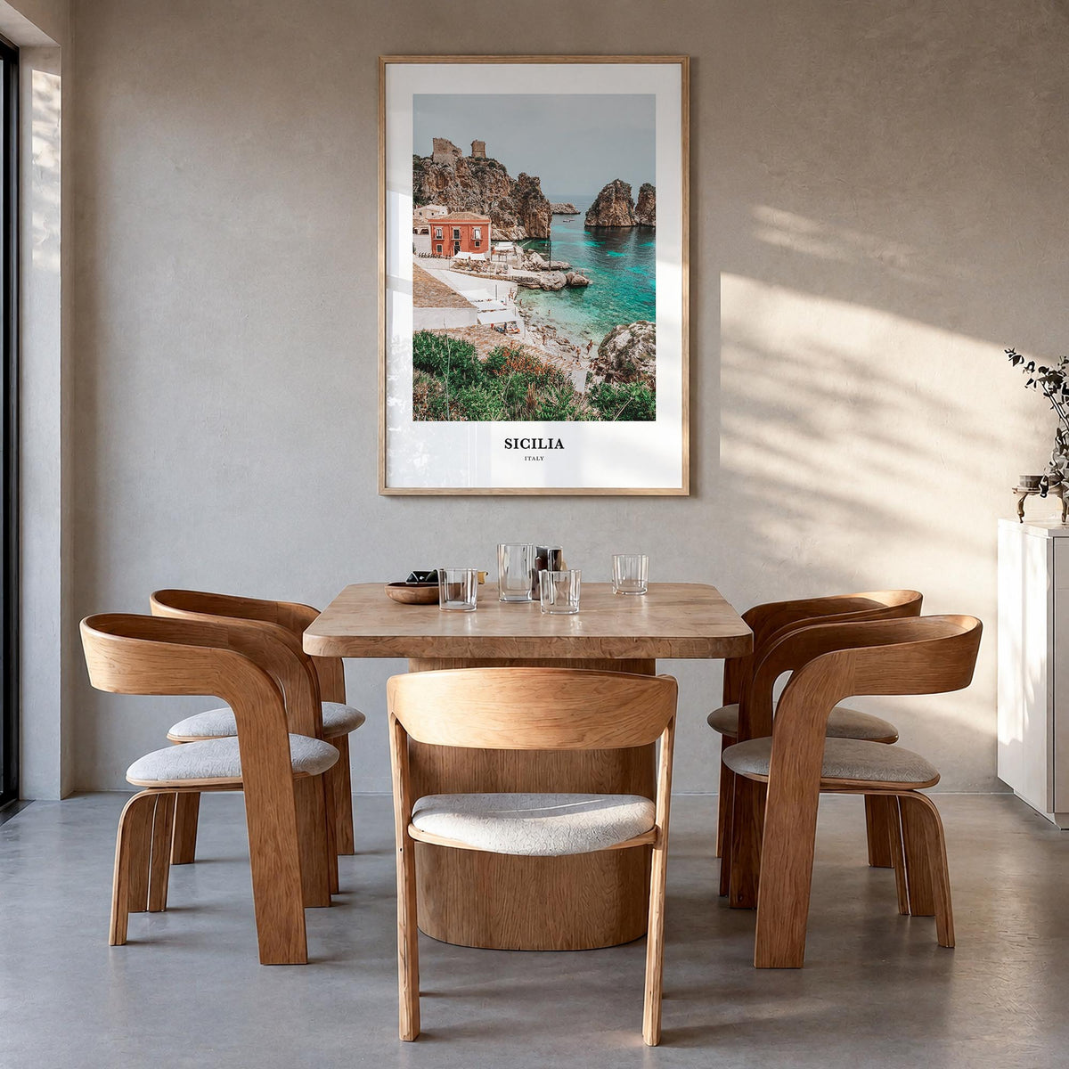 Sicily no. 1 colorful classic poster of Sicilia, Italy – vertical wall art in natural wood frame, hanging on wall