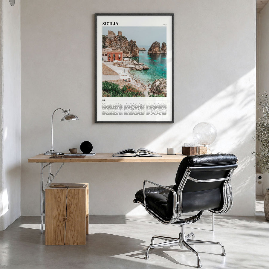 Sicilia Travel Poster in a black wood frame, hanging in a bright home office