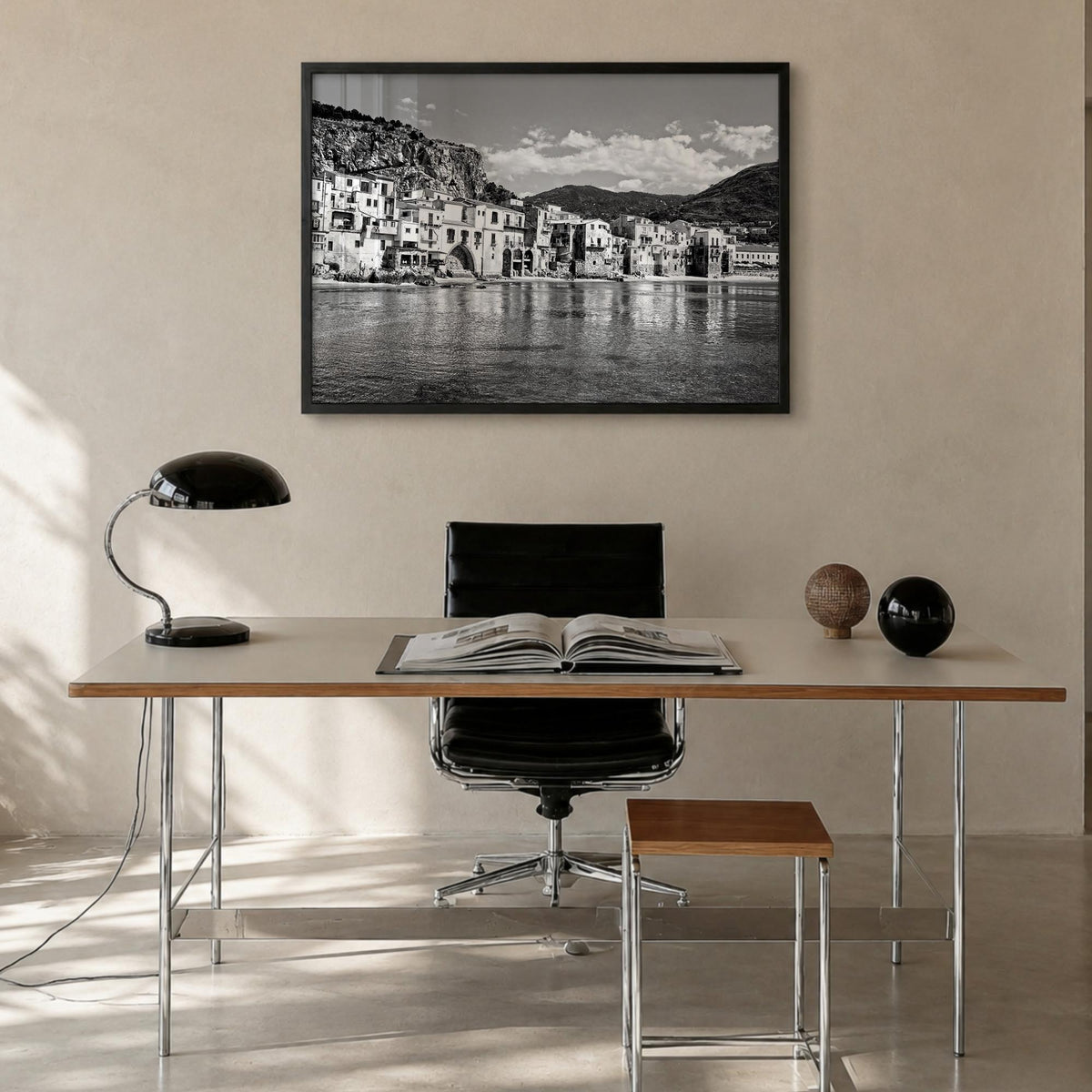 Sicily black & white photo poster of Italy – horizontal wall art in black wood frame, hanging on wall