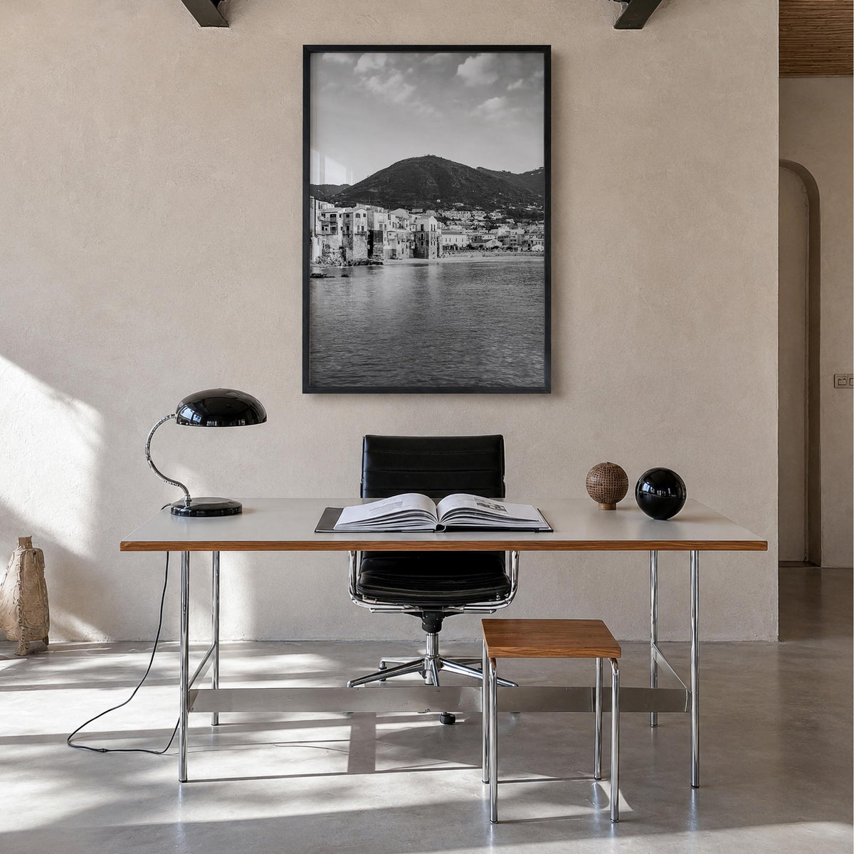 Sicily black & white photo poster of Italy – vertical wall art in black wood frame, hanging on wall