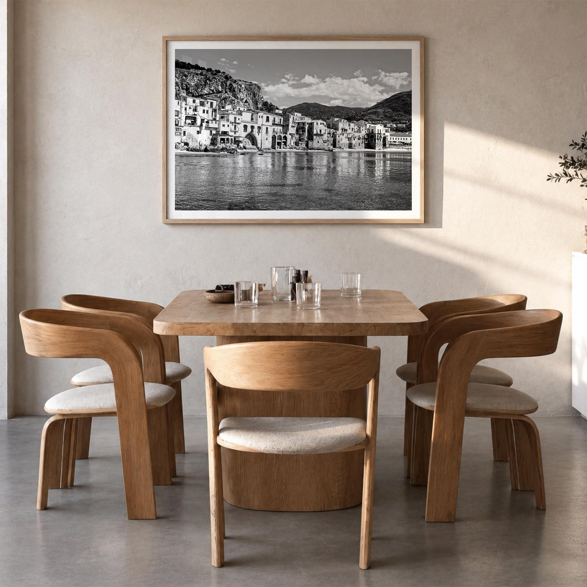 Sicily black & white photo poster of Italy – horizontal wall art in natural wood frame with white border, hanging on wall