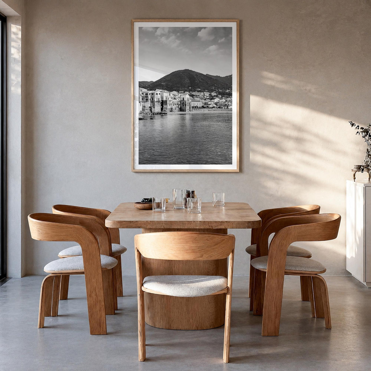 Sicily black & white photo poster of Italy – vertical wall art in natural wood frame with white border, hanging on wall