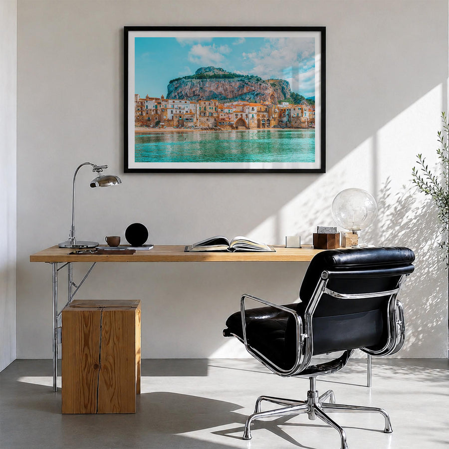Sicily colorful photo poster of Italy – horizontal wall art in black wood frame with white border, hanging on wall
