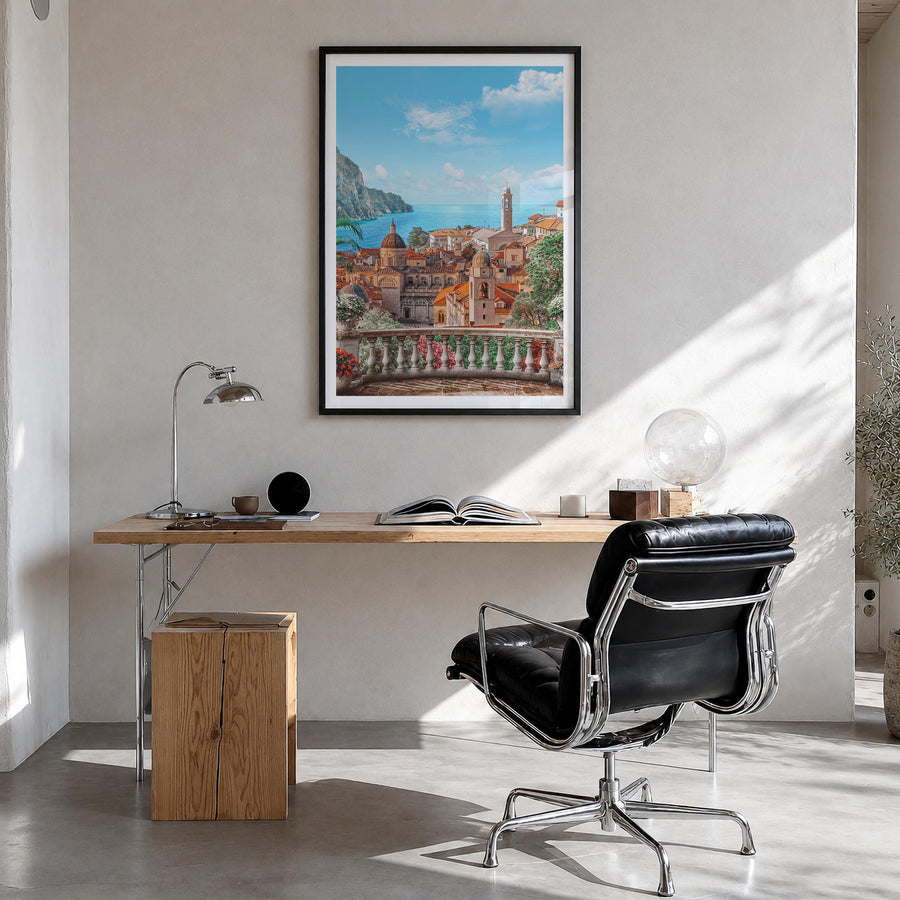 Sicily colorful photo poster of Italy – vertical wall art in black wood frame with white border, hanging on wall