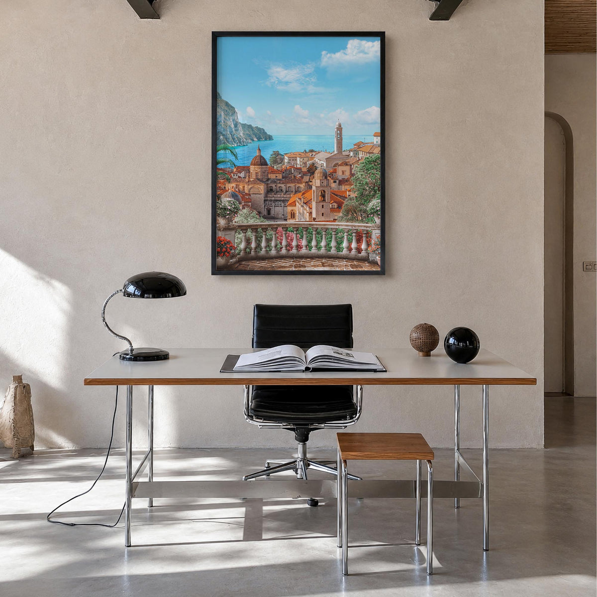 Sicily colorful photo poster of Italy – vertical wall art in black wood frame, hanging on wall
