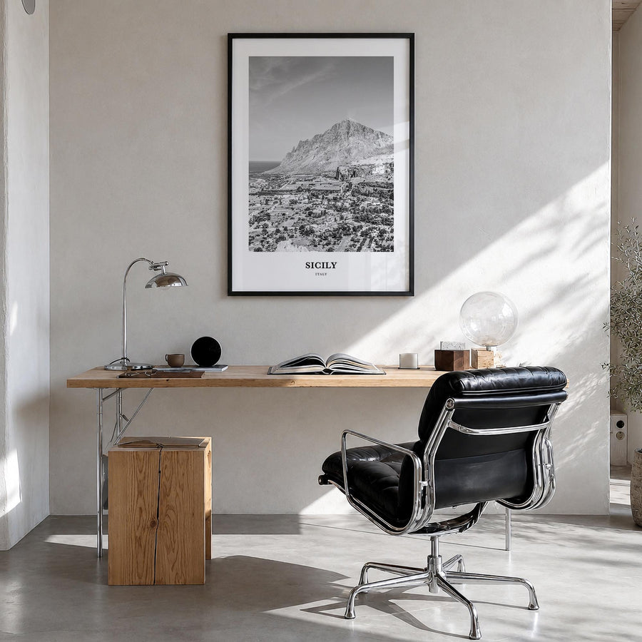 Sicily no. 1 black & white classic poster of Italy – vertical wall art in black wood frame, hanging on wall