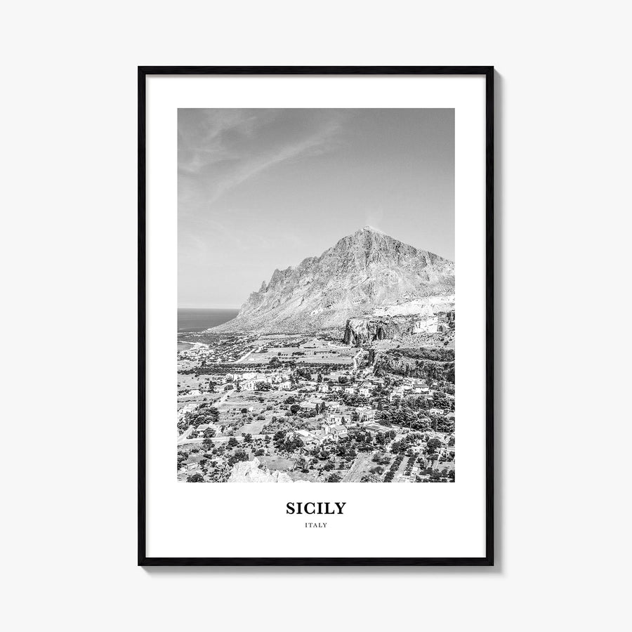 Sicily no. 1 black & white classic poster of Italy – vertical wall art, unframed print shown in interior mockup