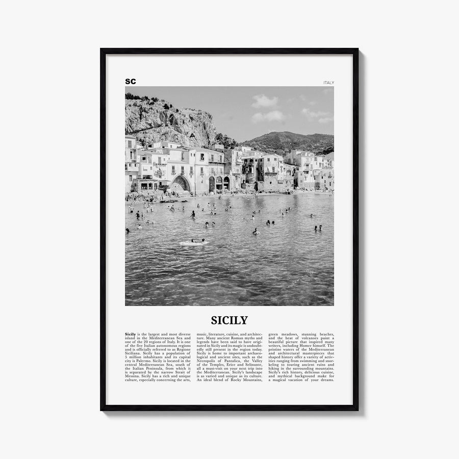 Sicily no. 2 black & white newspaper poster of Italy – vertical wall art, unframed print shown in interior mockup