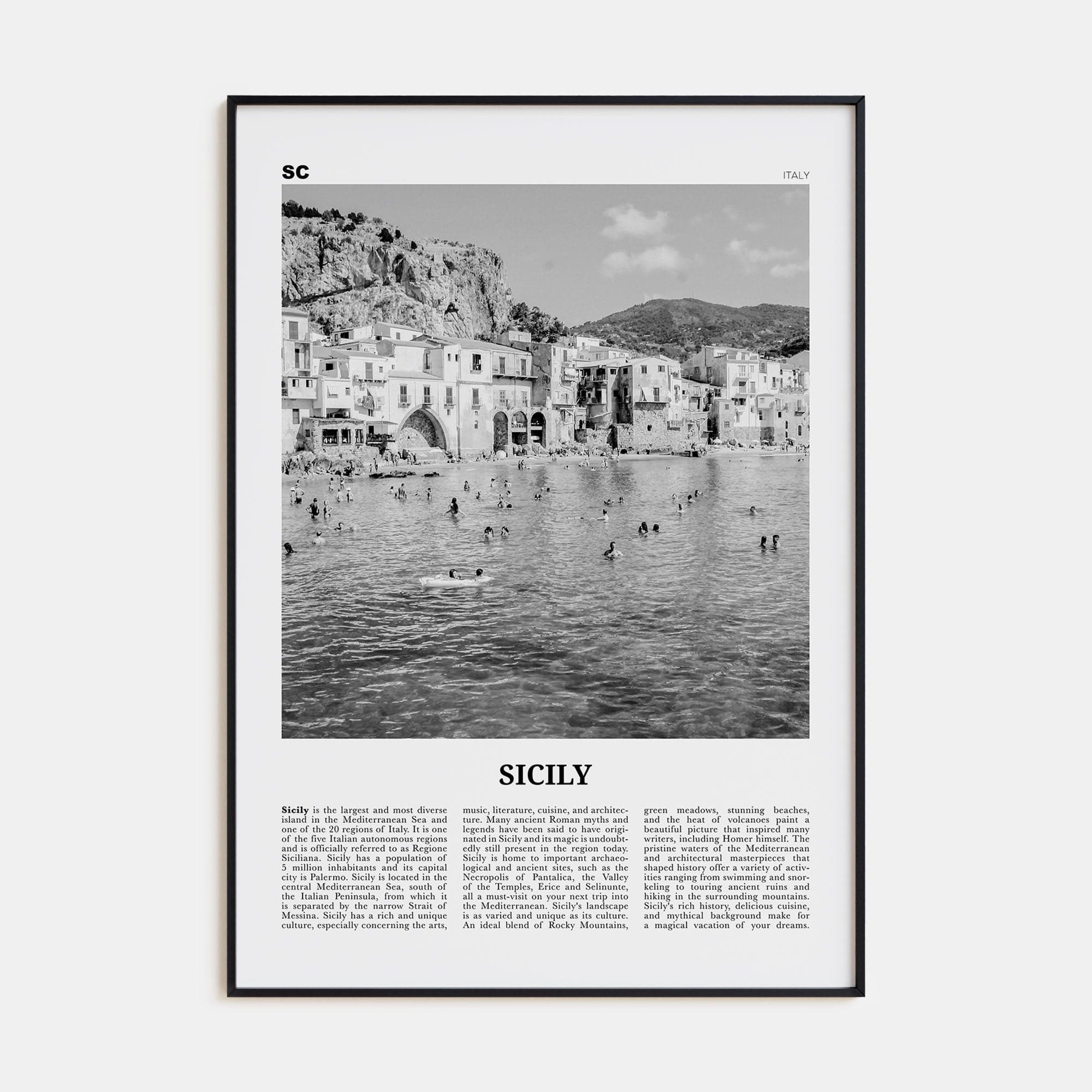 Sicily No 1 Poster Black Metal / 8x12 in Nbourhood Travel B&W Poster