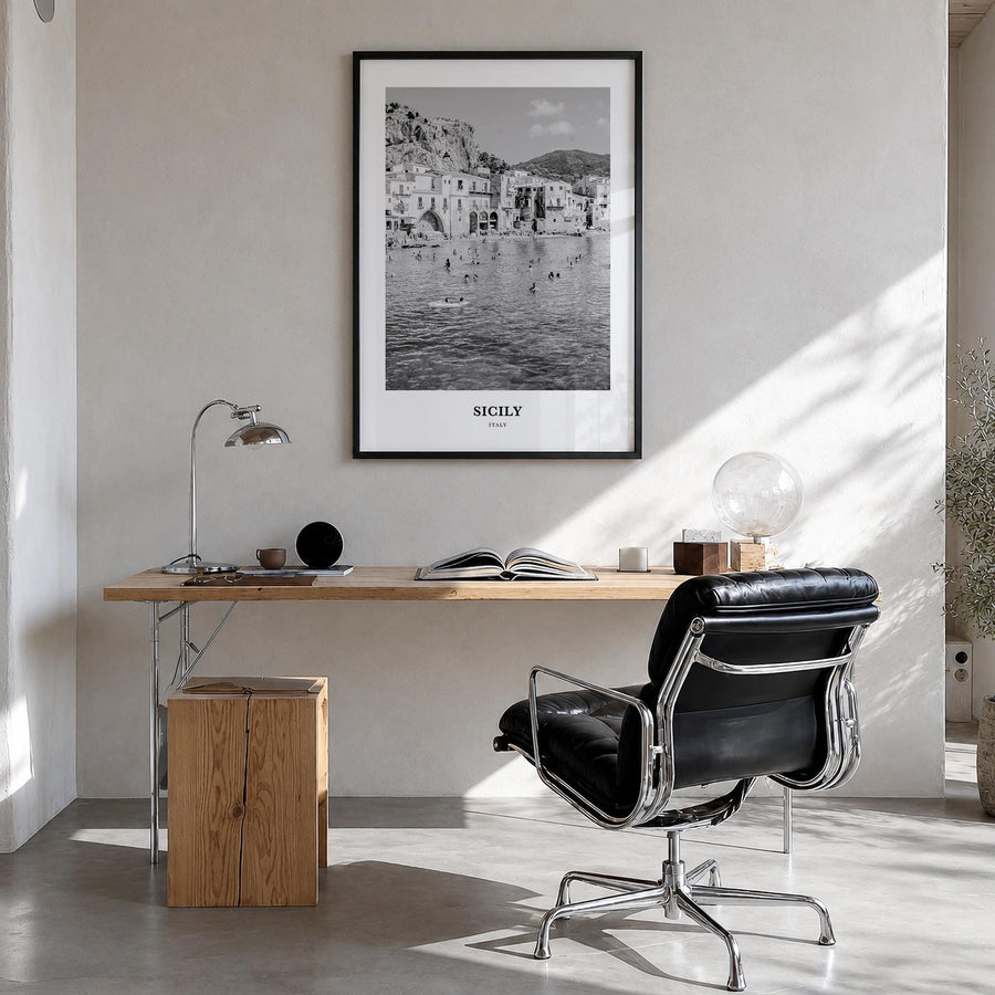 Sicily no. 2 black & white classic poster of Italy – vertical wall art in black wood frame, hanging on wall