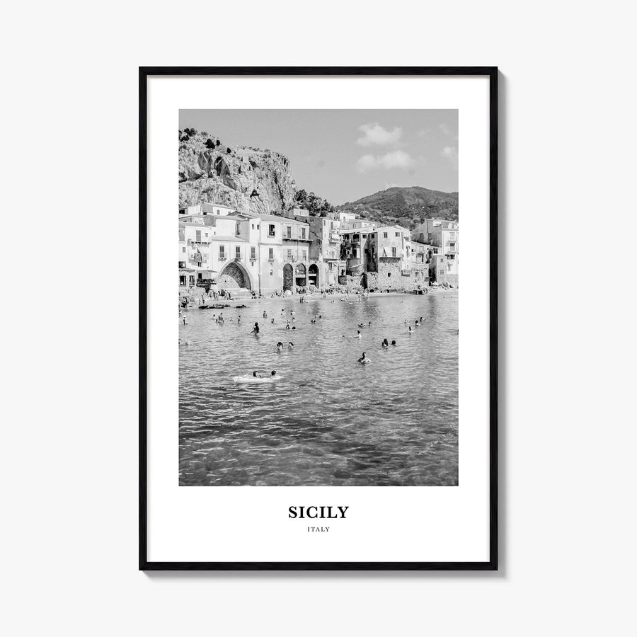 Sicily no. 2 black & white classic poster of Italy – vertical wall art, unframed print shown in interior mockup