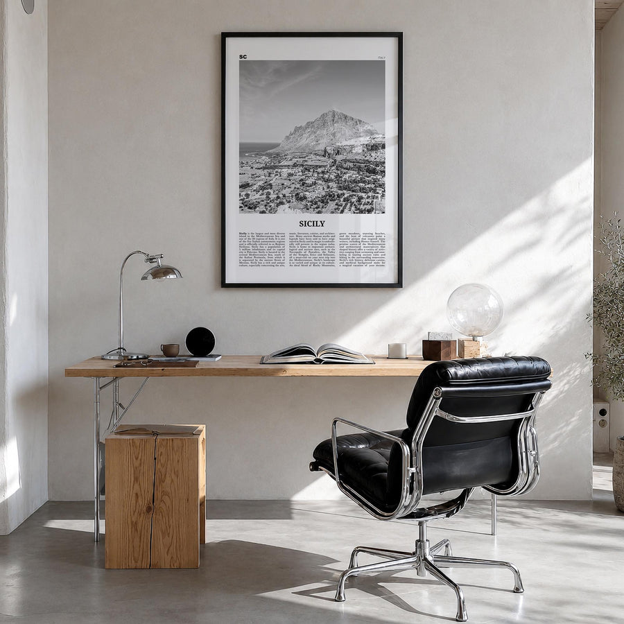 Sicily no. 3 black & white newspaper poster of Italy – vertical wall art in black wood frame, hanging on wall