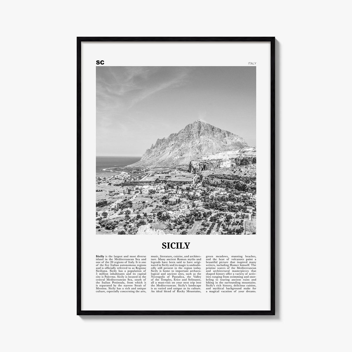Sicily no. 3 black & white newspaper poster of Italy – vertical wall art, unframed print shown in interior mockup
