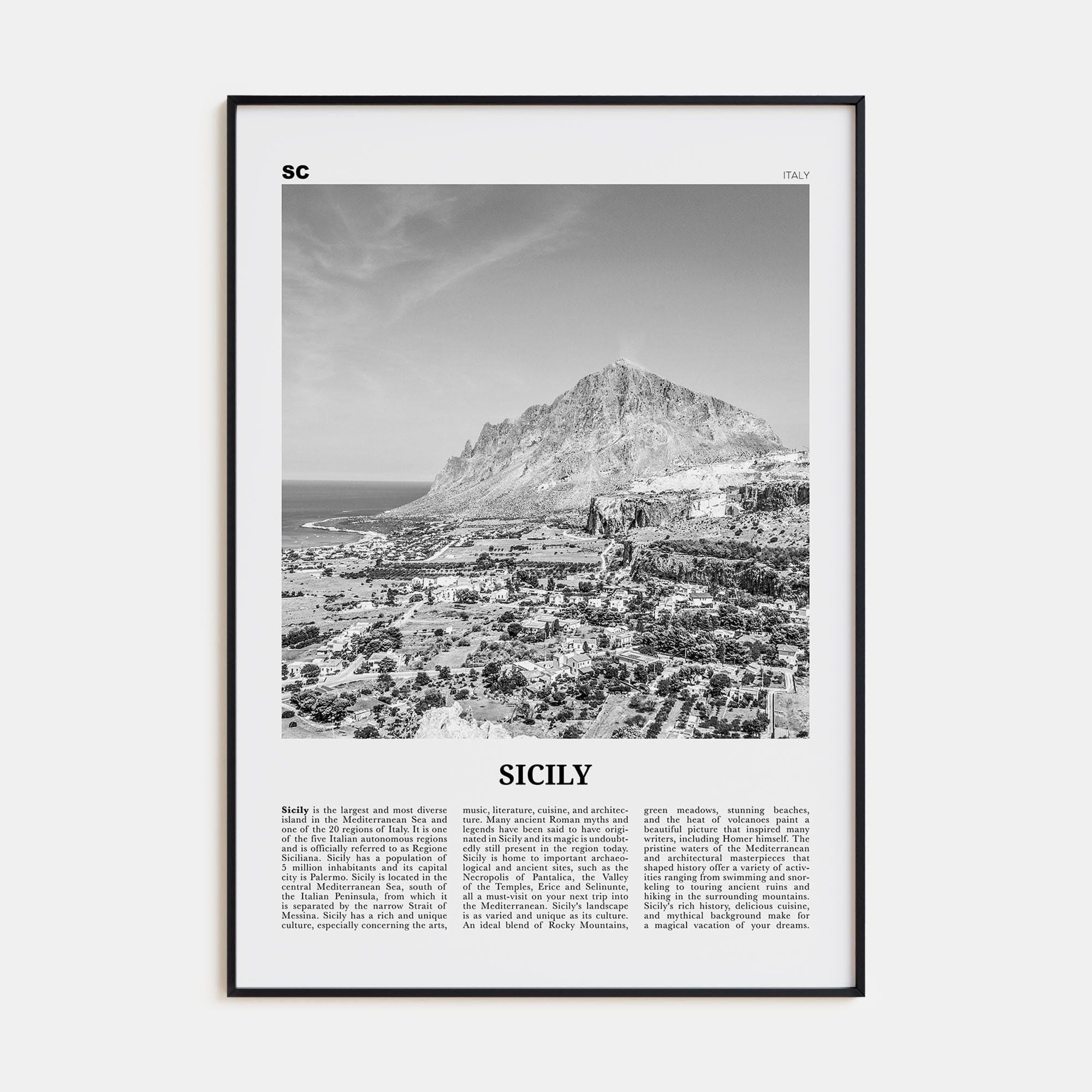 Sicily No 2 Poster Black Metal / 8x12 in Nbourhood Travel B&W Poster