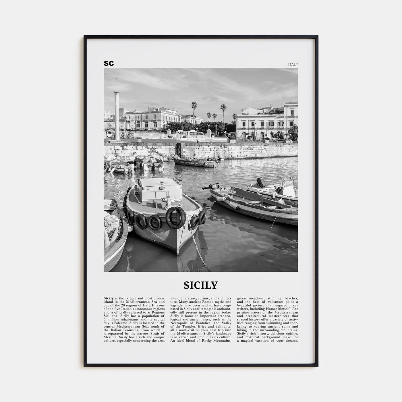 Sicily No 3 Poster Black Metal / 8x12 in Nbourhood Travel B&W Poster