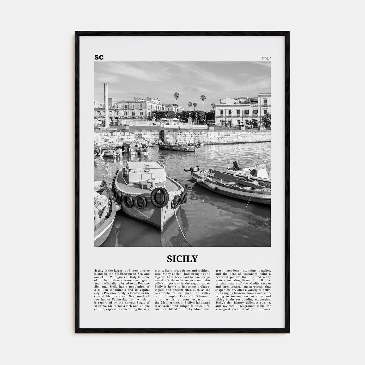 Sicily No 3 Poster Black Wood / 8x12 in Nbourhood Travel B&W Poster