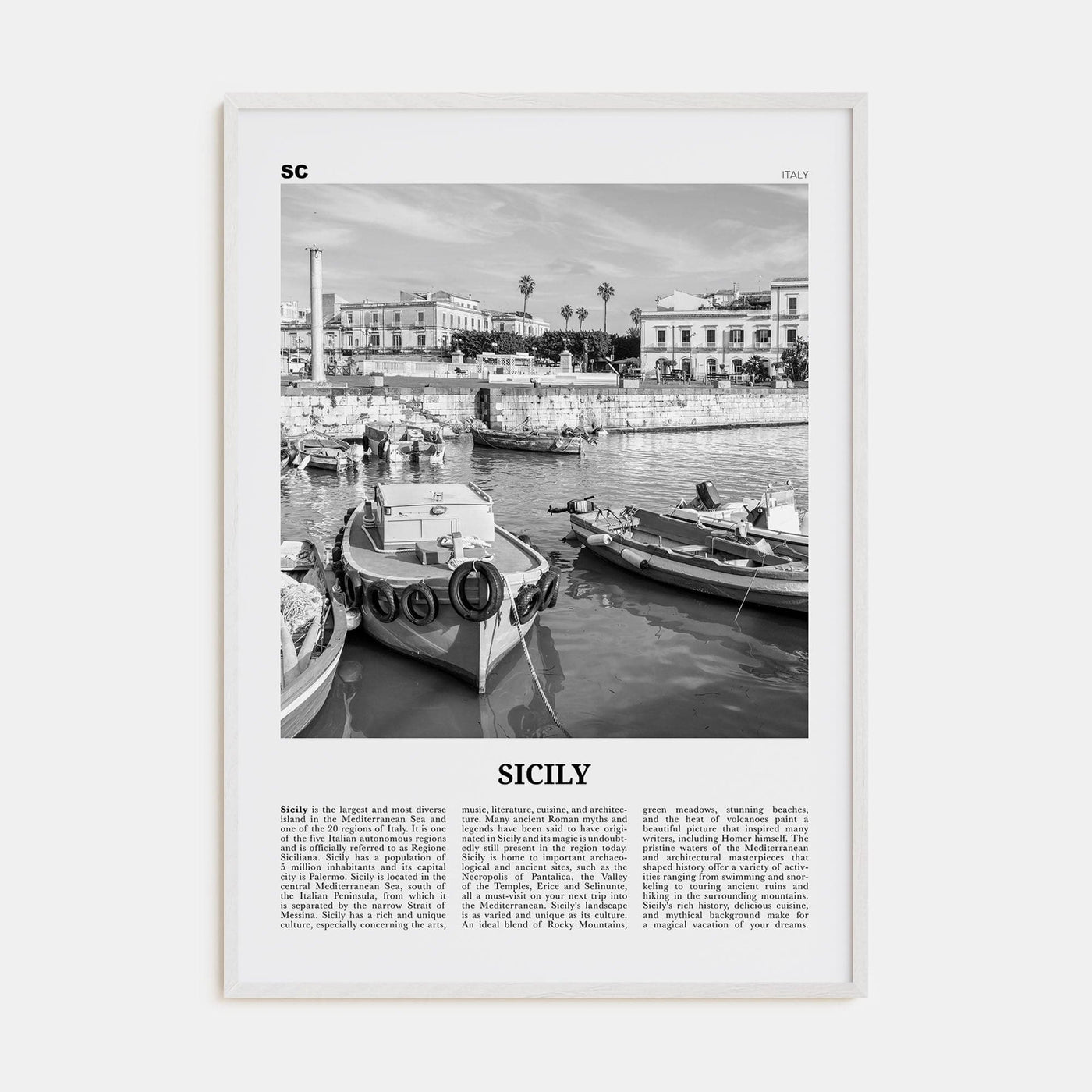 Sicily No 3 Poster White Wood / 8x12 in Nbourhood Travel B&W Poster