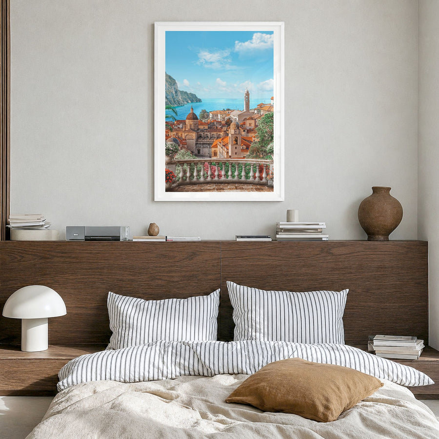 Sicily Photo Poster in a white wood frame, hanging in a bedroom, white border