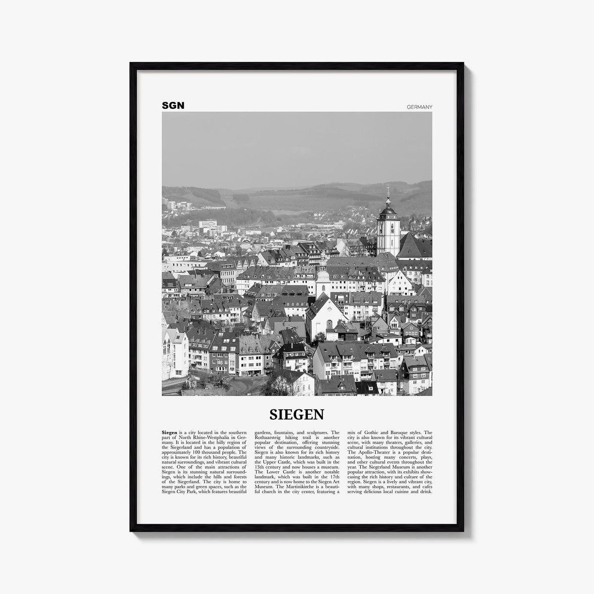 Siegen black & white newspaper poster of Germany – vertical wall art, unframed print shown in interior mockup