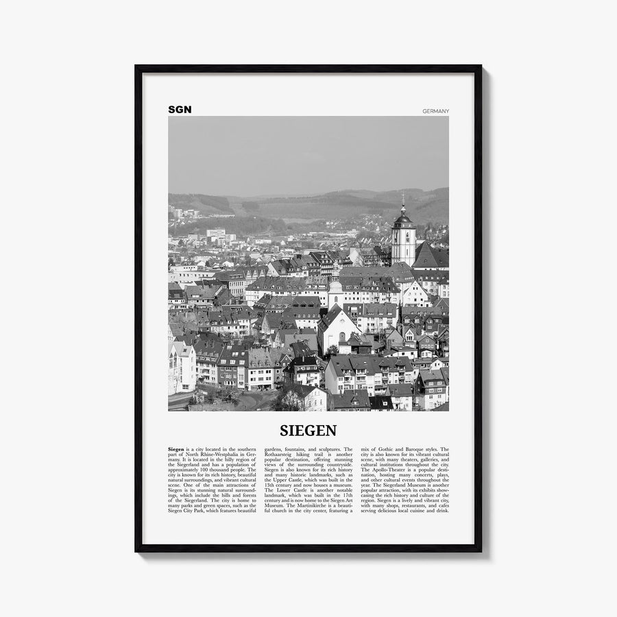 Siegen black & white newspaper poster of Germany – vertical wall art, unframed print shown in interior mockup