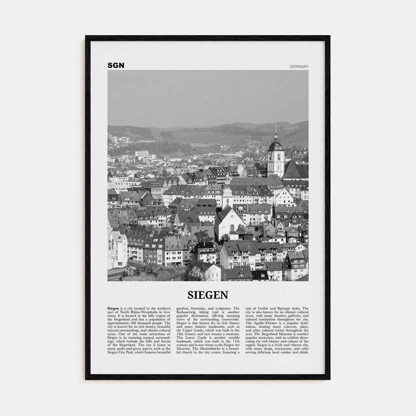 Siegen Poster Black Wood / 8x12 in Nbourhood Travel B&W Poster