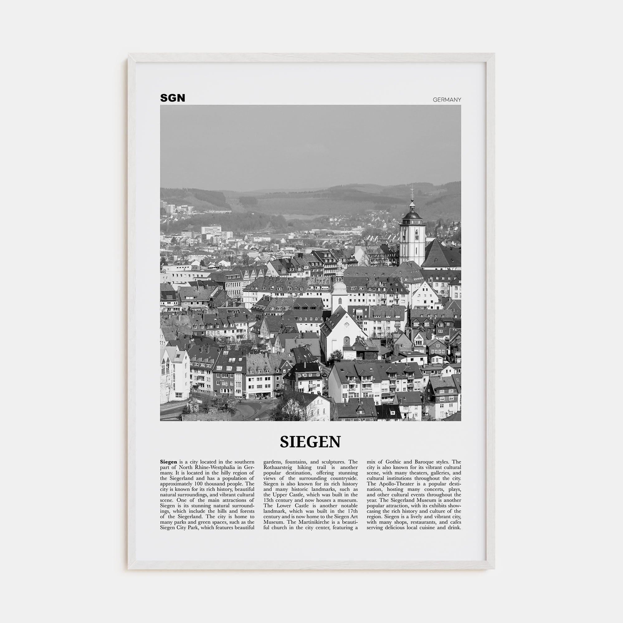 Siegen Poster White Wood / 8x12 in Nbourhood Travel B&W Poster