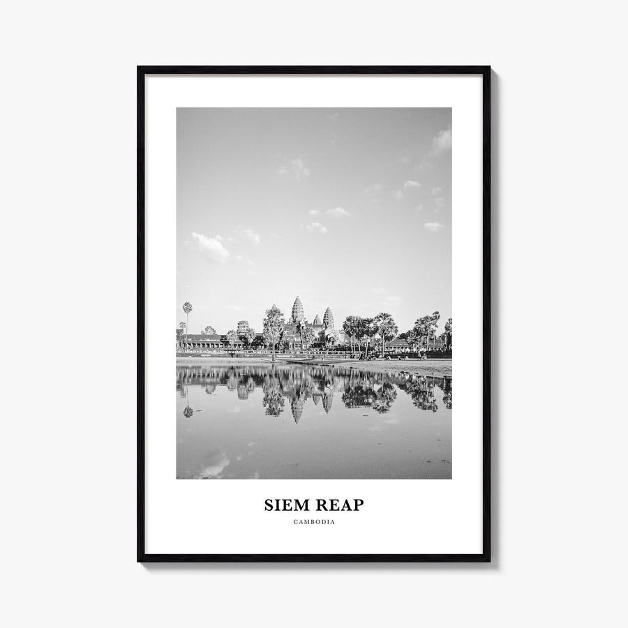 Siem Reap black & white classic poster of Cambodia – vertical wall art, unframed print shown in interior mockup