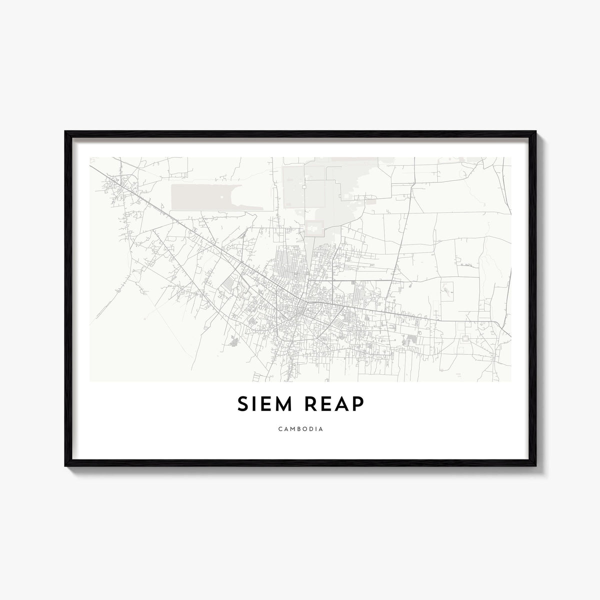 Siem Reap black & white map poster of Cambodia – horizontal wall art, unframed print shown in interior mockup