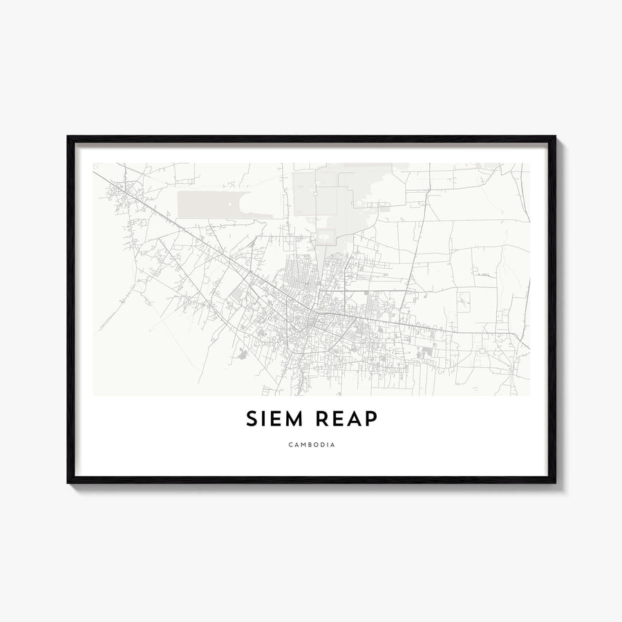 Siem Reap black & white map poster of Cambodia – horizontal wall art, unframed print shown in interior mockup