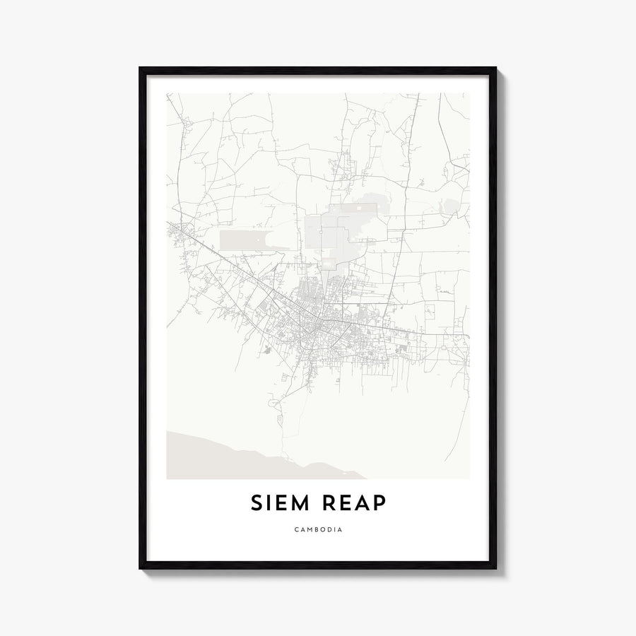 Siem Reap black & white map poster of Cambodia – vertical wall art, unframed print shown in interior mockup