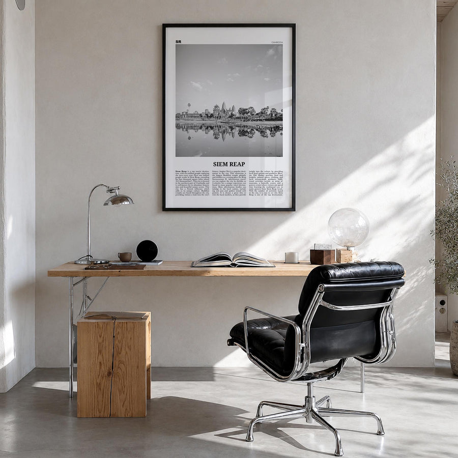 Siem Reap black & white newspaper poster of Cambodia – vertical wall art in black wood frame, hanging on wall