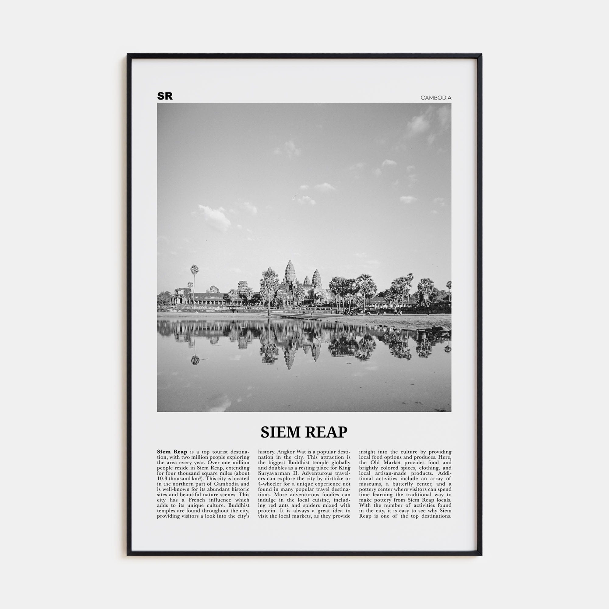 Siem Reap Poster Black Metal / 8x12 in Nbourhood Travel B&W Poster