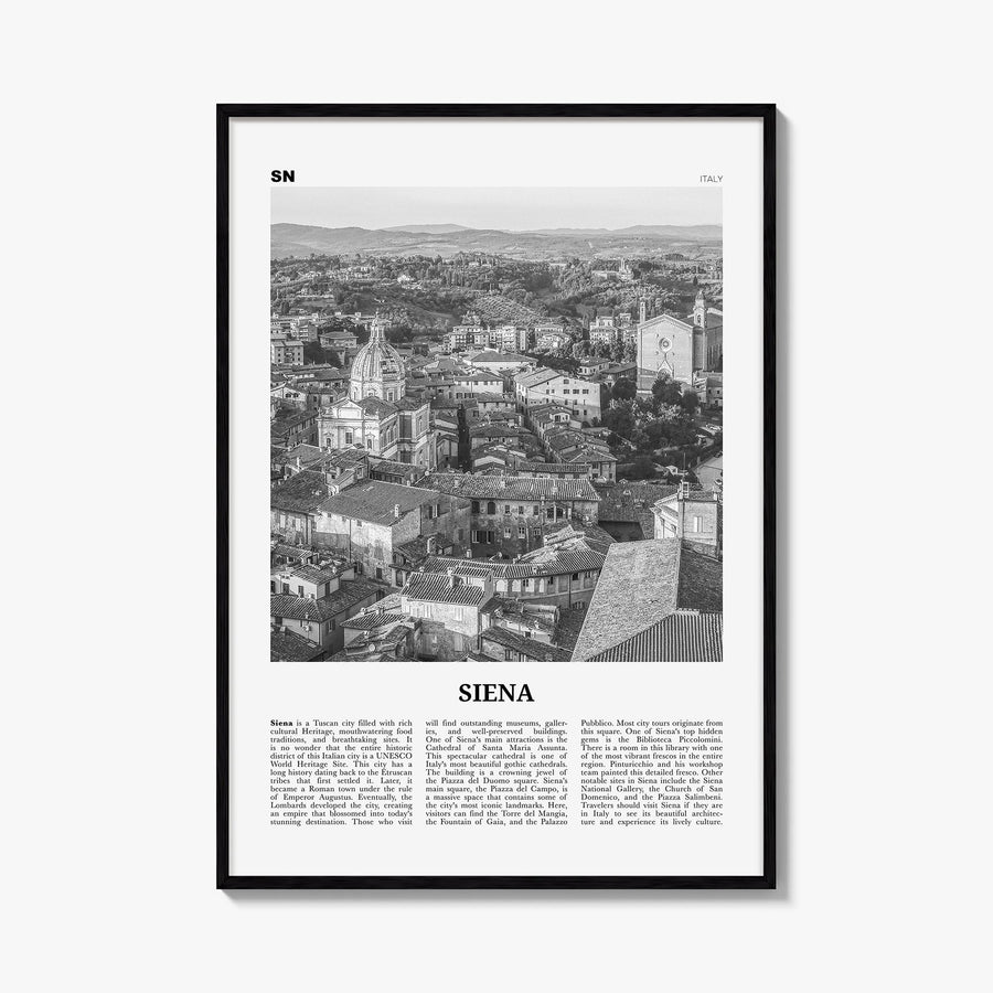 Siena black & white newspaper poster of Italy – vertical wall art, unframed print shown in interior mockup