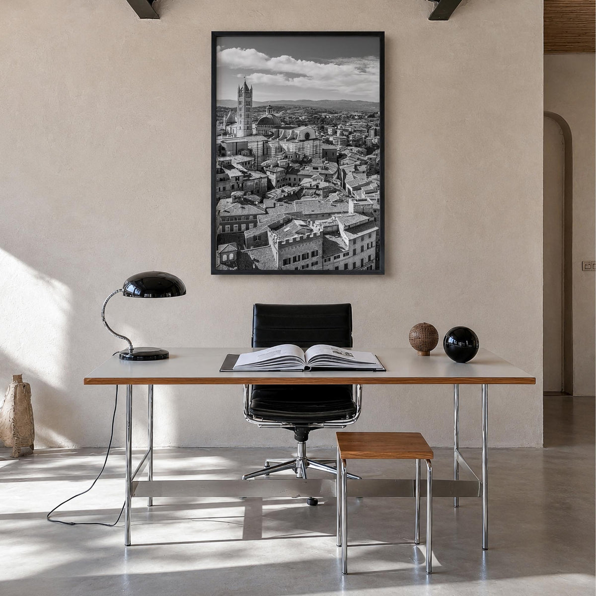 Siena black & white photo poster of Italy – vertical wall art in black wood frame, hanging on wall