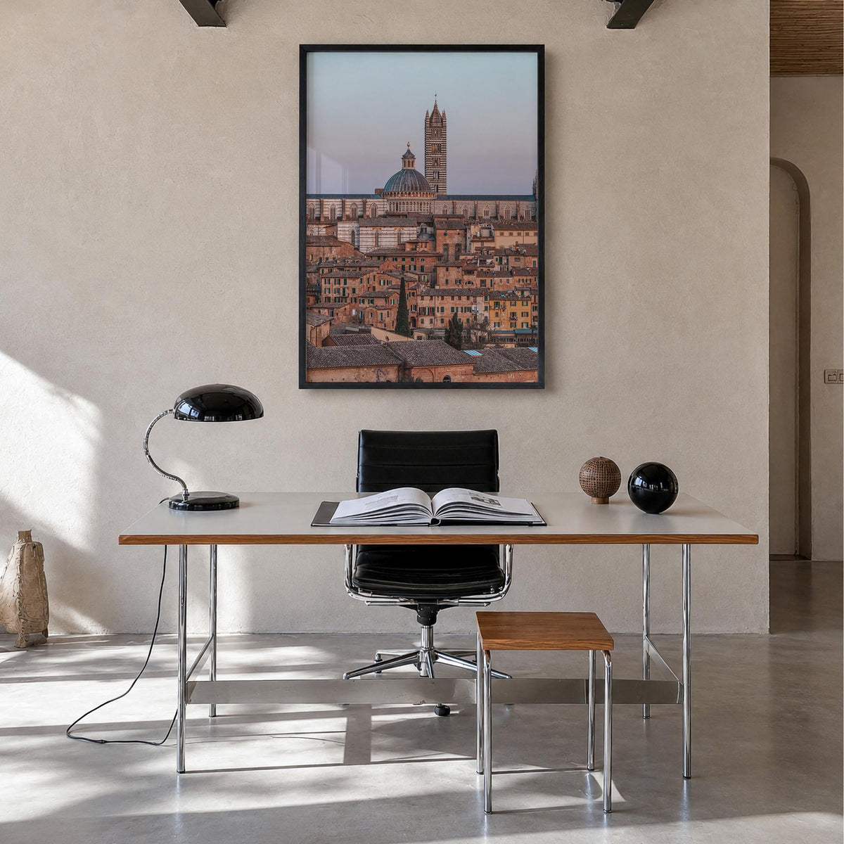 Siena colorful photo poster of Italy – vertical wall art in black wood frame, hanging on wall
