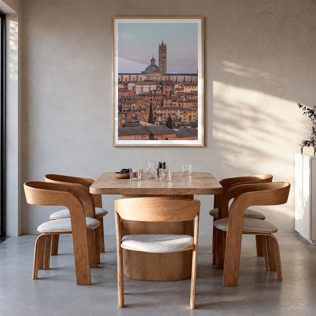 Siena colorful photo poster of Italy – vertical wall art in natural wood frame with white border, hanging on wall