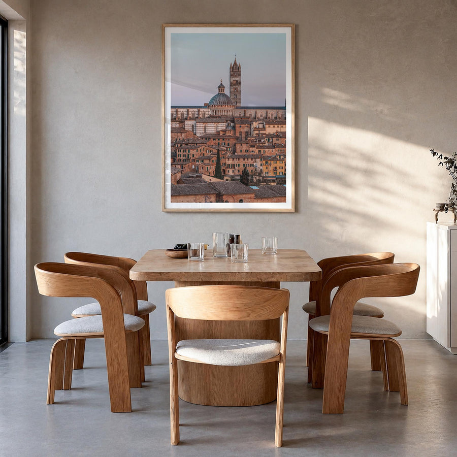 Siena colorful photo poster of Italy – vertical wall art in natural wood frame with white border, hanging on wall