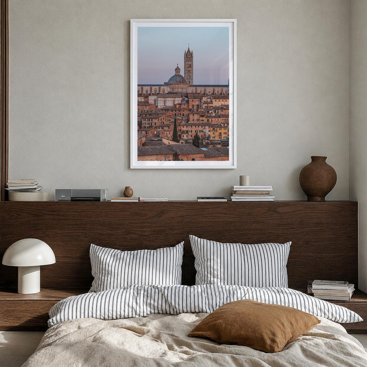 Siena colorful photo poster of Italy – vertical wall art in white wood frame with white border, hanging on wall