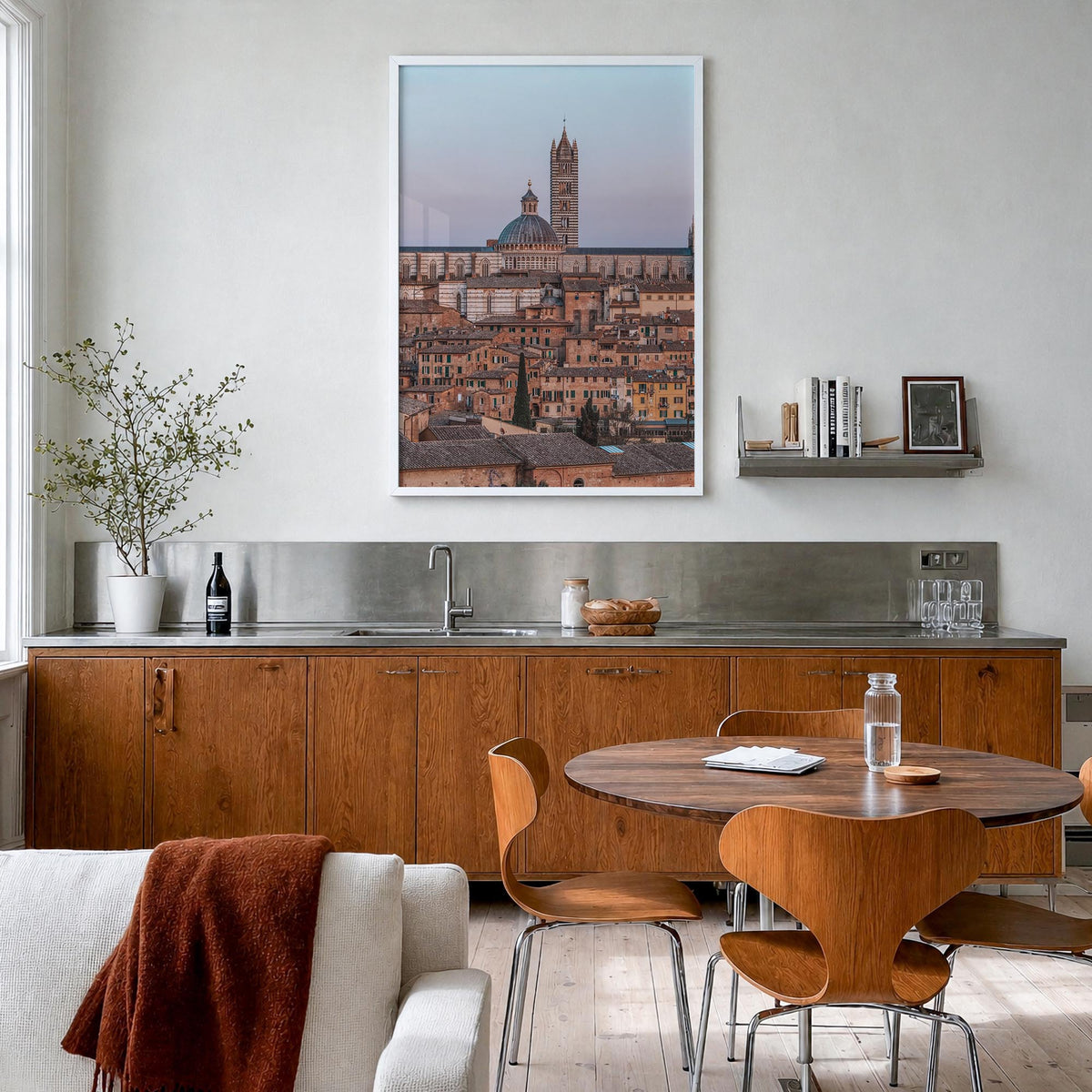 Siena colorful photo poster of Italy – vertical wall art in white wood frame, hanging on wall