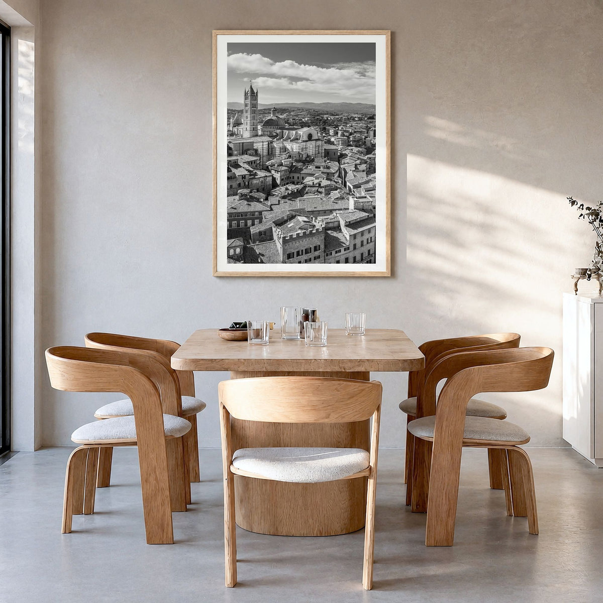 Siena Photo Poster in a natural wood frame, hanging in a dining room, white border
