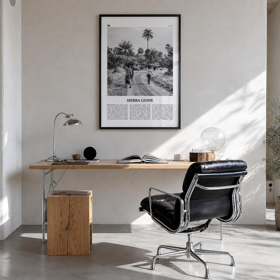 Sierra Leone black & white newspaper poster of Africa – vertical wall art in black wood frame, hanging on wall