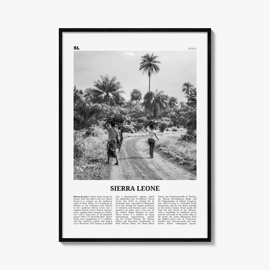 Sierra Leone black & white newspaper poster of Africa – vertical wall art, unframed print shown in interior mockup
