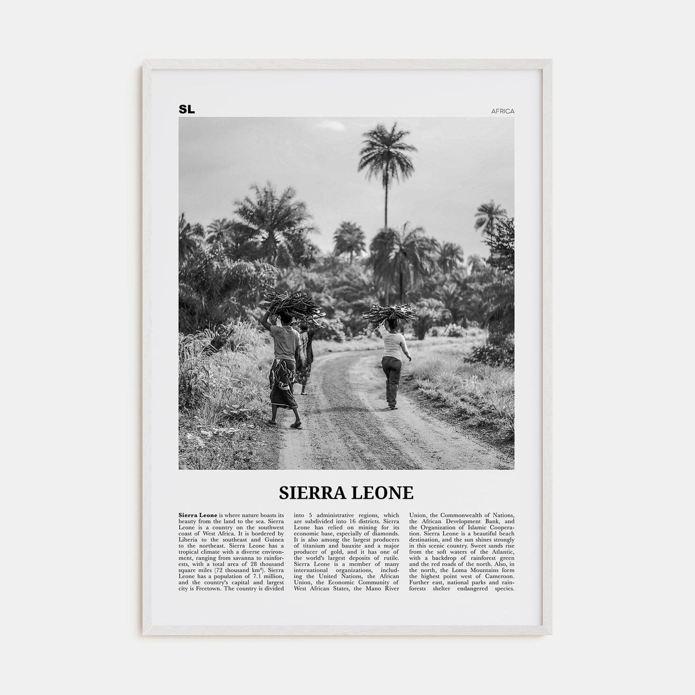 Sierra Leone Poster White Wood / 8x12 in Nbourhood Travel B&W Poster