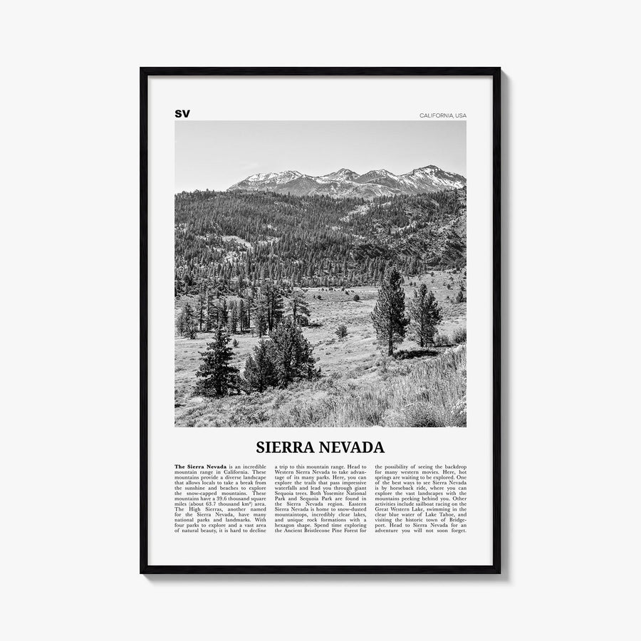 Sierra Nevada black & white newspaper poster of California & Nevada, USA – vertical wall art, unframed print shown in interio
