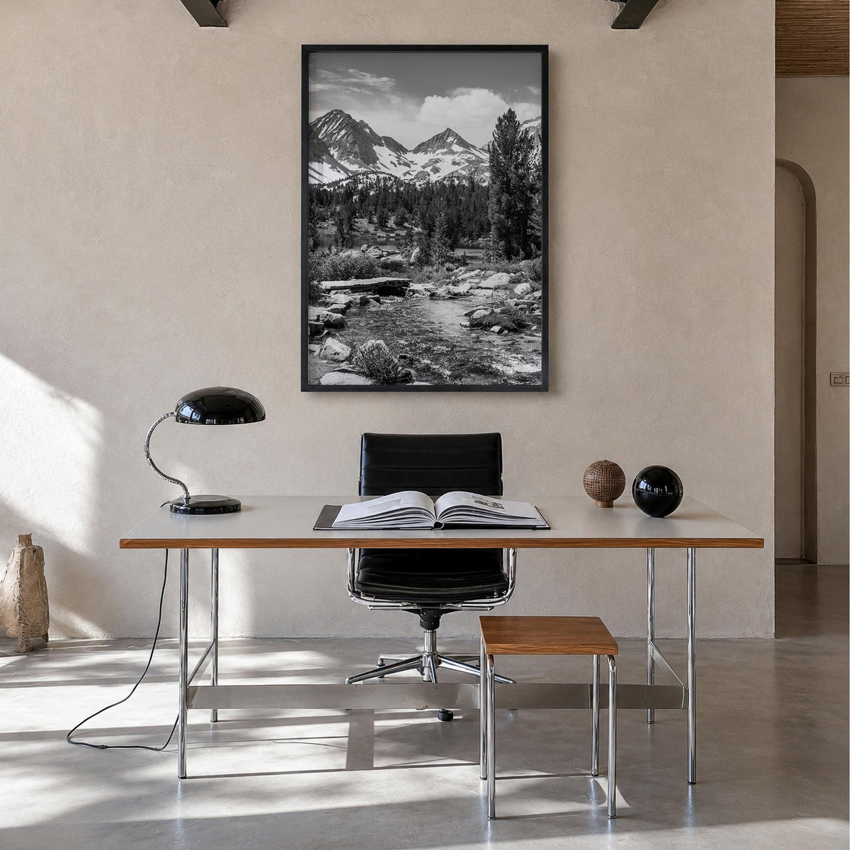 Sierra Nevada black & white photo poster of California & Nevada, USA – vertical wall art in black wood frame, hanging on wall