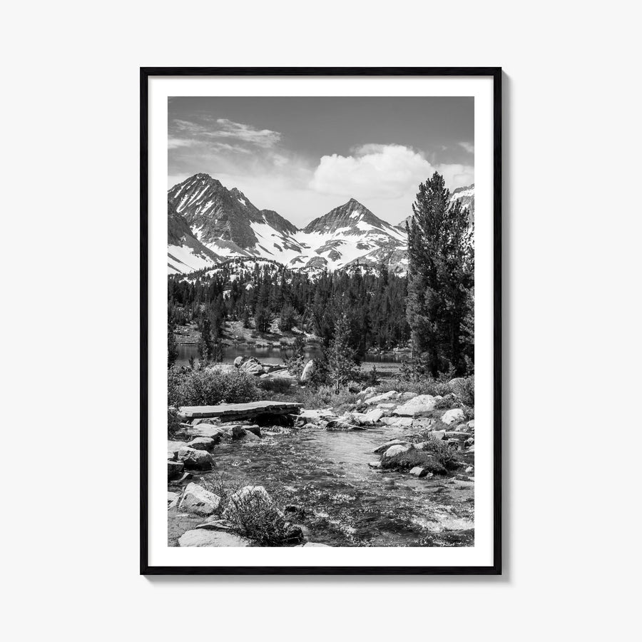 Sierra Nevada black & white photo poster of California & Nevada, USA – vertical wall art, unframed print shown in interior mo