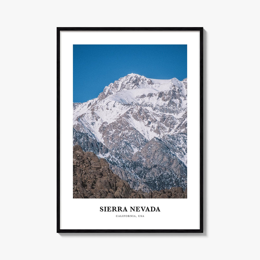 Sierra Nevada colorful classic poster of California & Nevada, USA – vertical wall art, unframed print shown in interior mocku